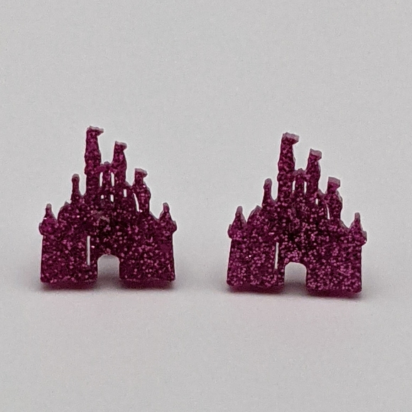 Disney princess castle pink glitter stud earrings - Picture 2 of 7